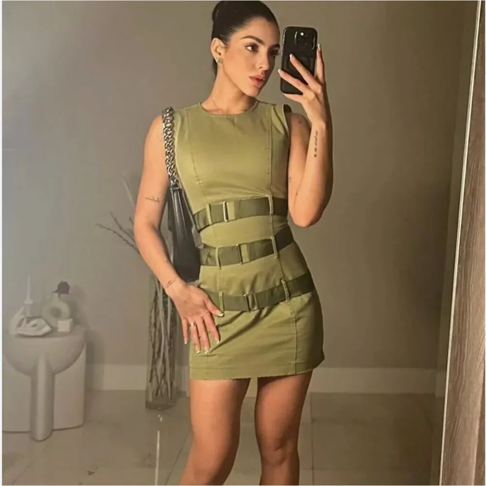 Zara Short Waxed Dress With Belts Cargo Military Green S 5427/301 New - Picture 7 of 12